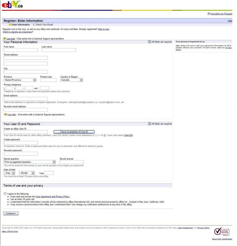 eBay registration page